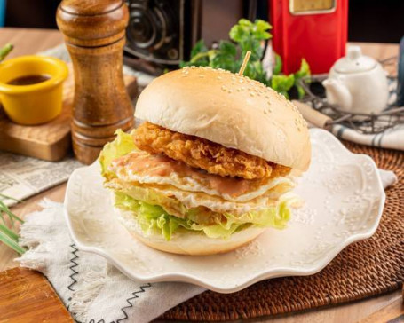 yuán wèi kā zī jī dàn hàn bǎo Crispy Chicken Drumstick Burger with Egg